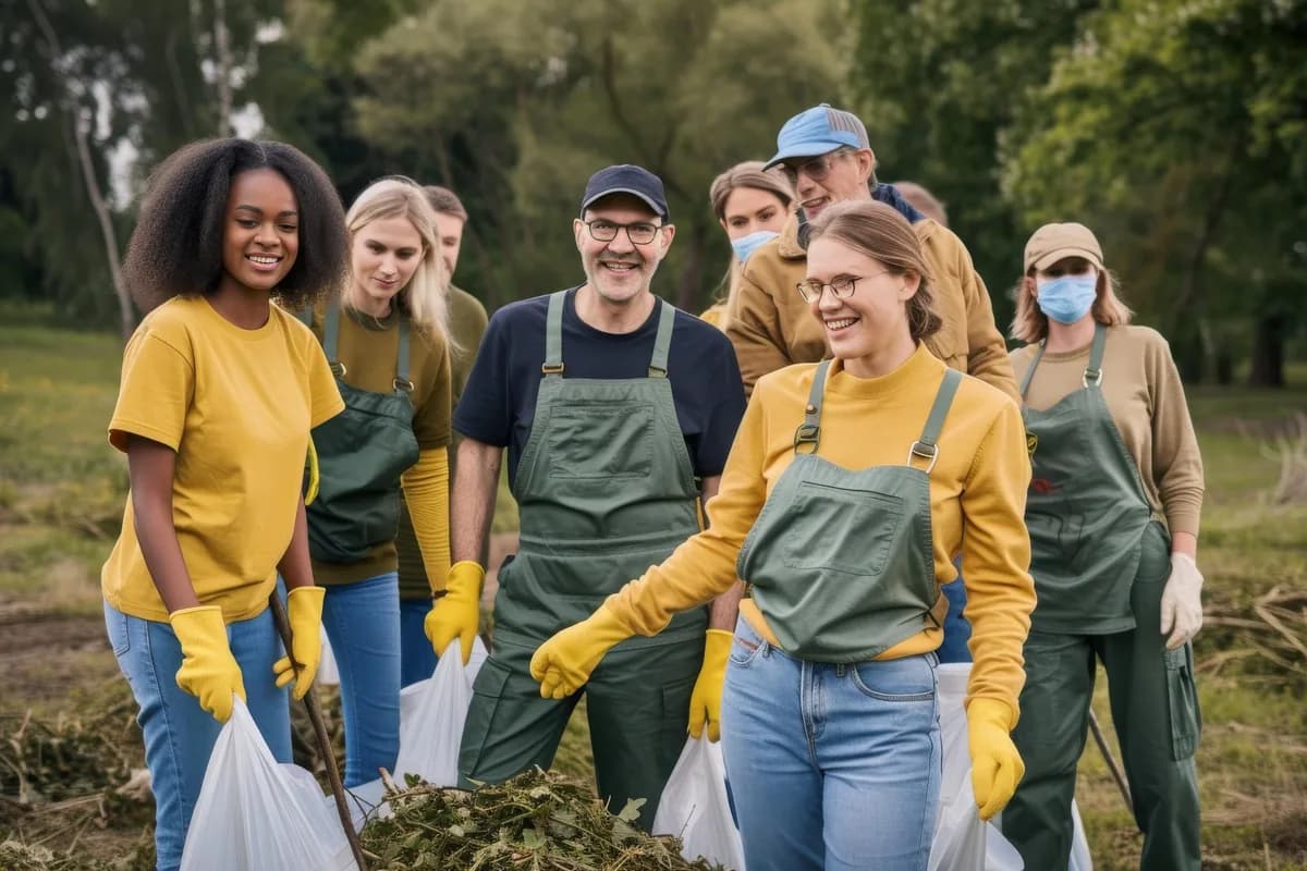 Vrijwilligers werken samen in de buitenlucht