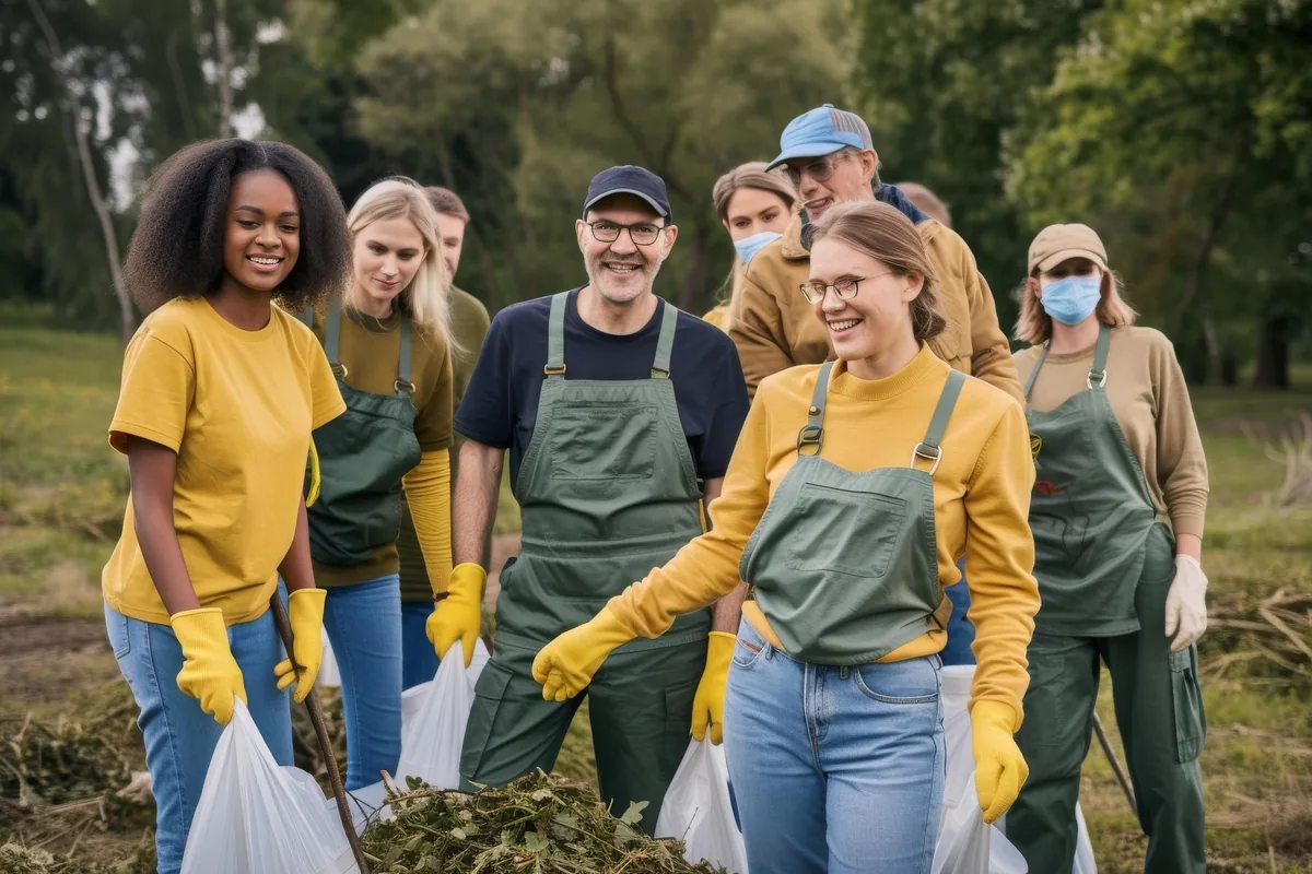 Vrijwilligers werken samen in de buitenlucht